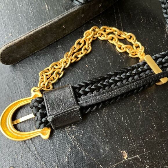 Vintage Braided Black Belt w/ Gold Chain & Hook Buckle, 60s-80s Glam - Picture 6 of 9